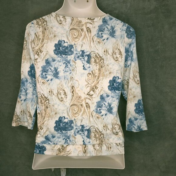 Chicos Womens Blouse Small (1) 3/4 Sleeve Floral Tie Hem Top Pull Over - Picture 4 of 6